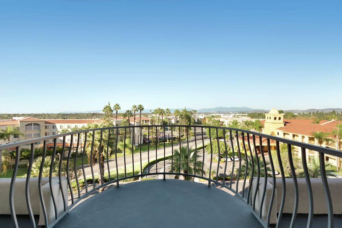 A balcony with a view of a residential area, including houses and palm trees.