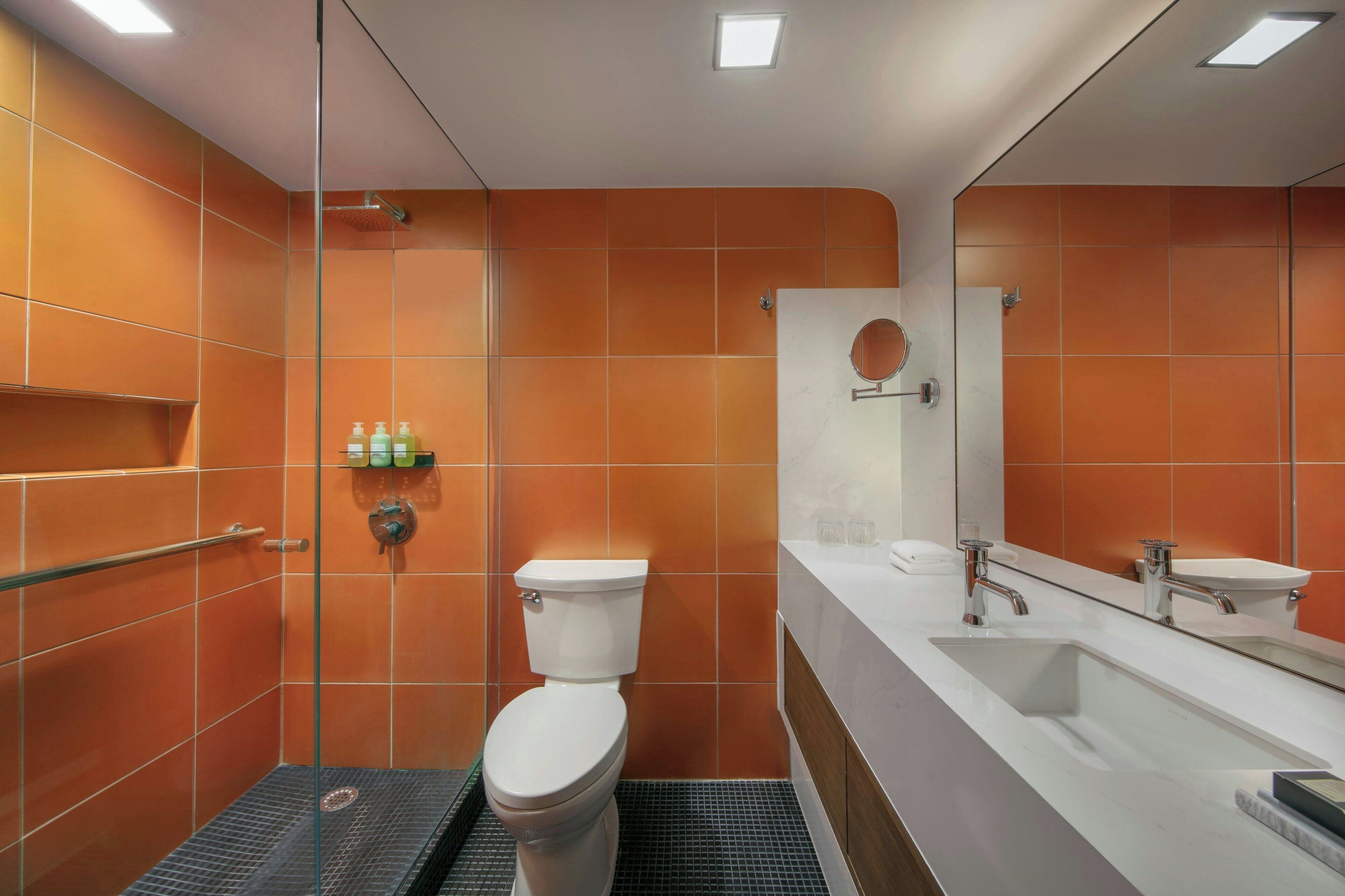 shower, designer toiletries, hair dryer, bathrobes