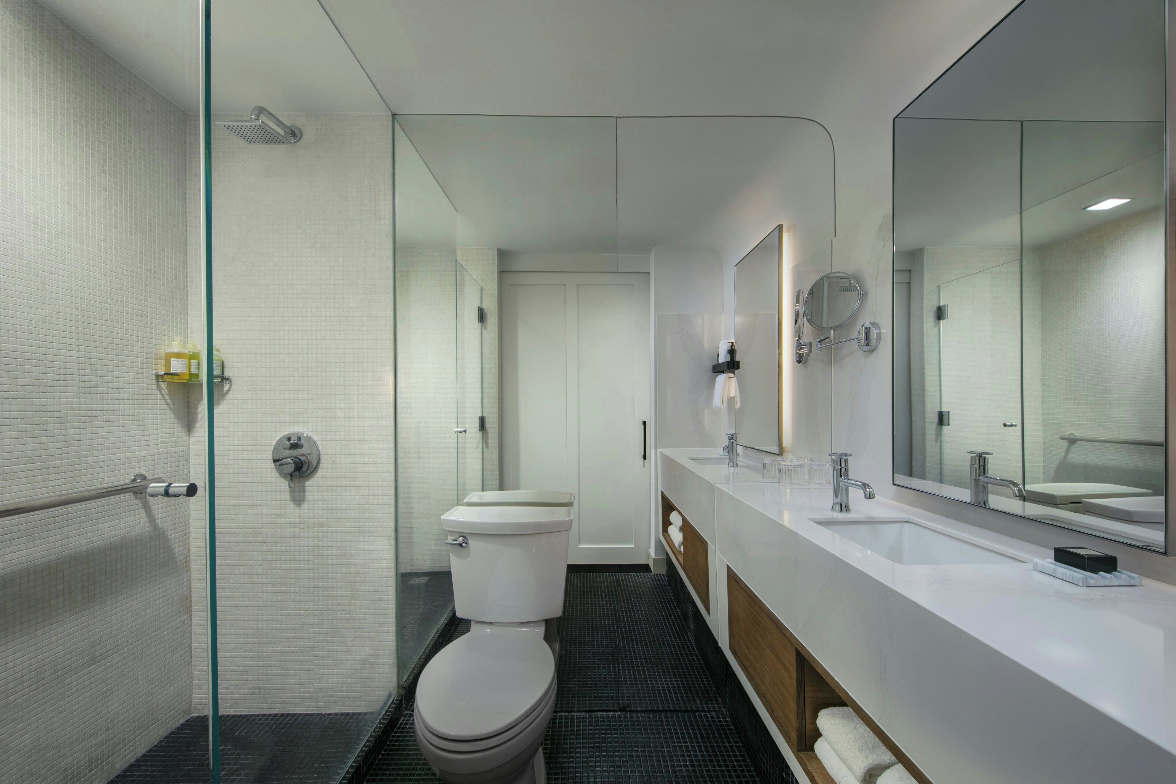 shower, designer toiletries, hair dryer, bathrobes