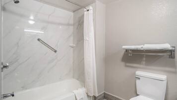 A bathroom with a shower, toilet, and towel rack.