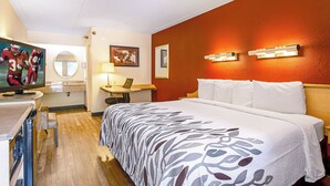 Una habitación de hotel con cama, escritorio, silla, televisor y baño.