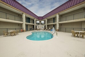 Outdoor pool, pool umbrellas, sun loungers