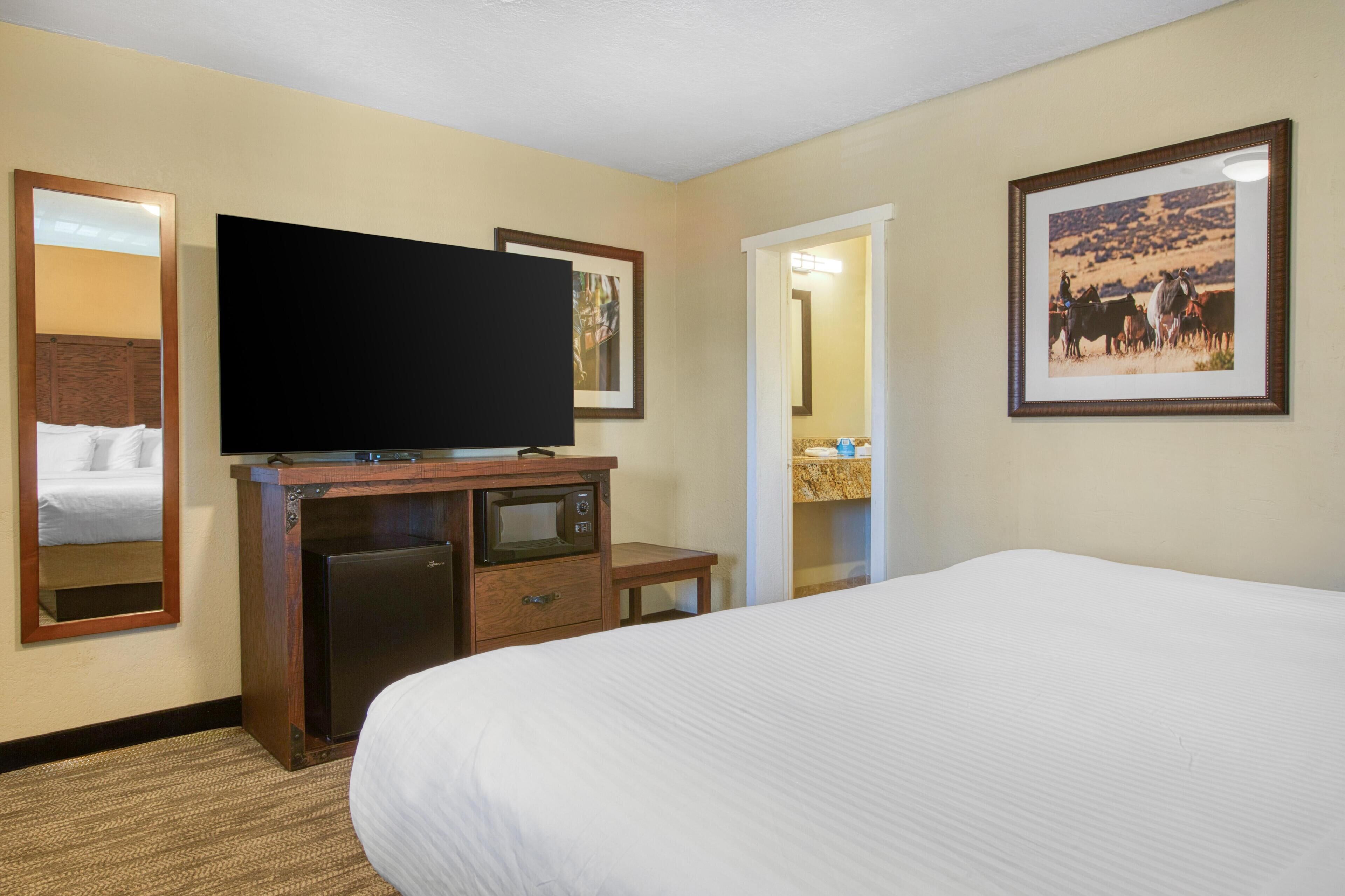 A hotel room with a bed, a TV, a small desk with a microwave, a mirror, and a framed picture on the wall.