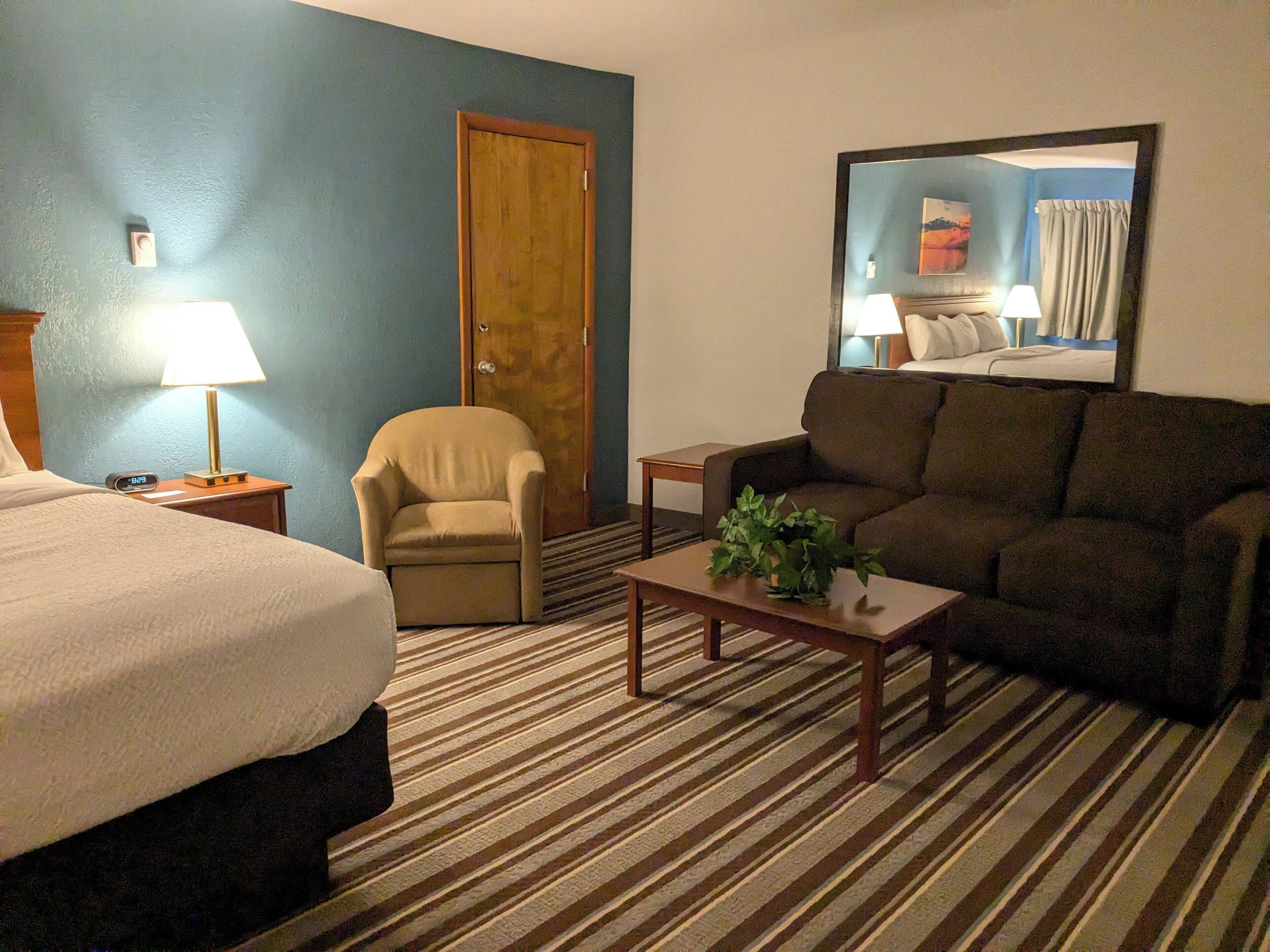 A hotel room with a bed, a sofa, a chair, a small table with a plant, a nightstand with a lamp, and a door.