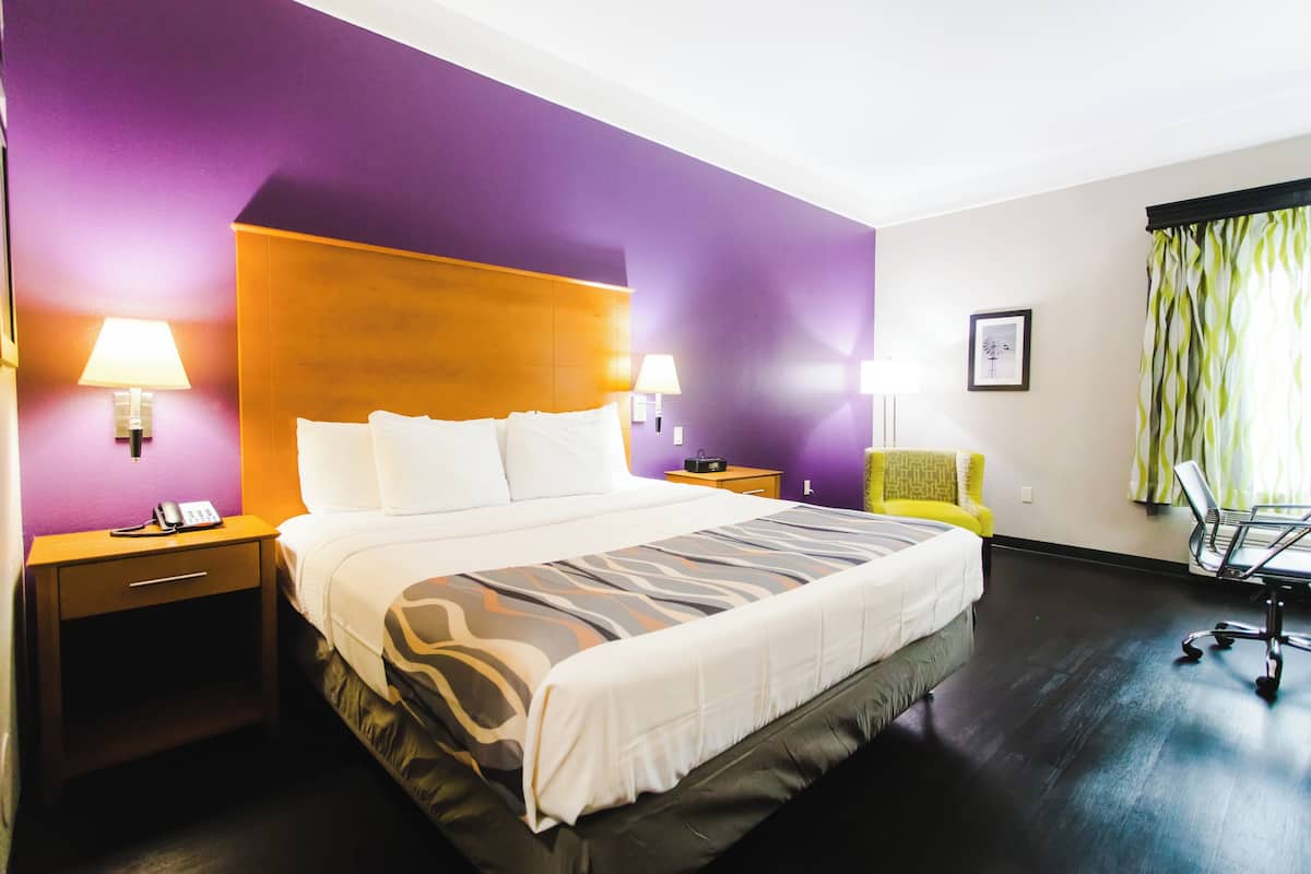 Habitación de hotel con una cama grande, dos mesitas de noche con lámparas, una silla y un escritorio con silla.
