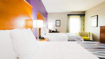 Premium bedding, desk, laptop workspace, iron/ironing board