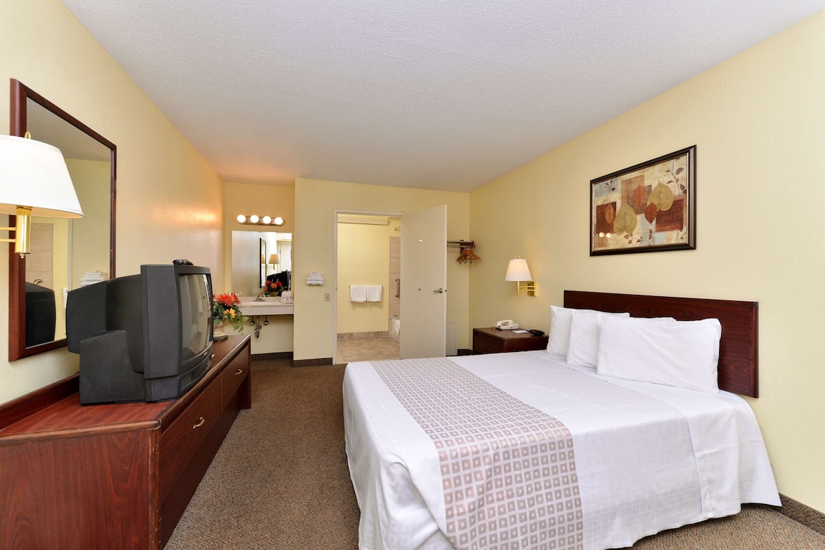 Een hotelkamer met een bed, een televisie op een houten dressoir, een badkamer met een spiegel en een schilderij aan de muur.