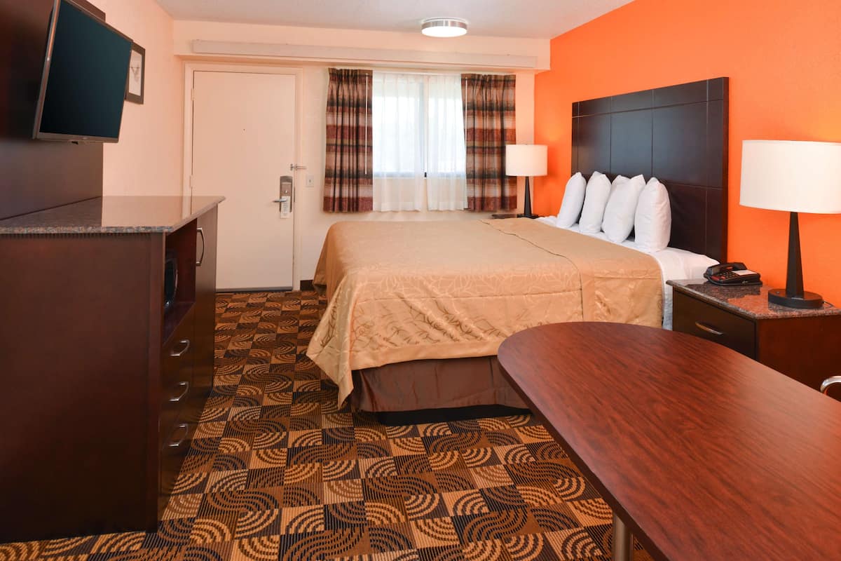 Een hotelkamer met een bed, een bureau, een televisie en een kamerbreed tapijt met een patroon.