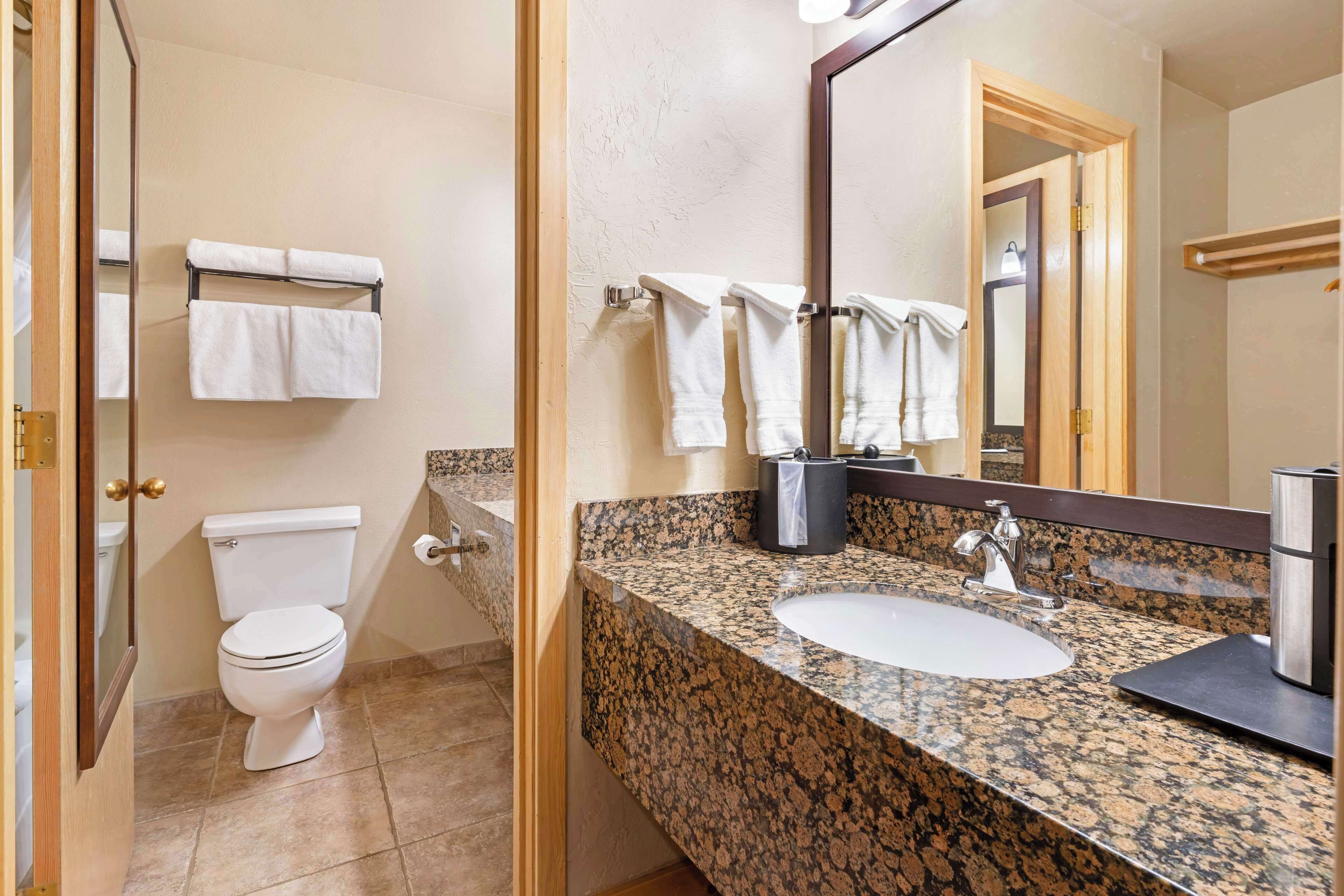 A bathroom with a toilet, sink, and mirror.