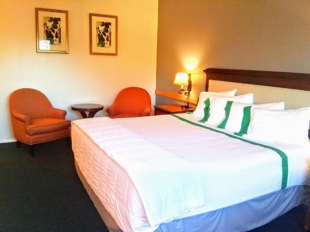 Habitació d'hotel amb un llit gran, dues butaques, una taula petita i dues làmpades de paret.