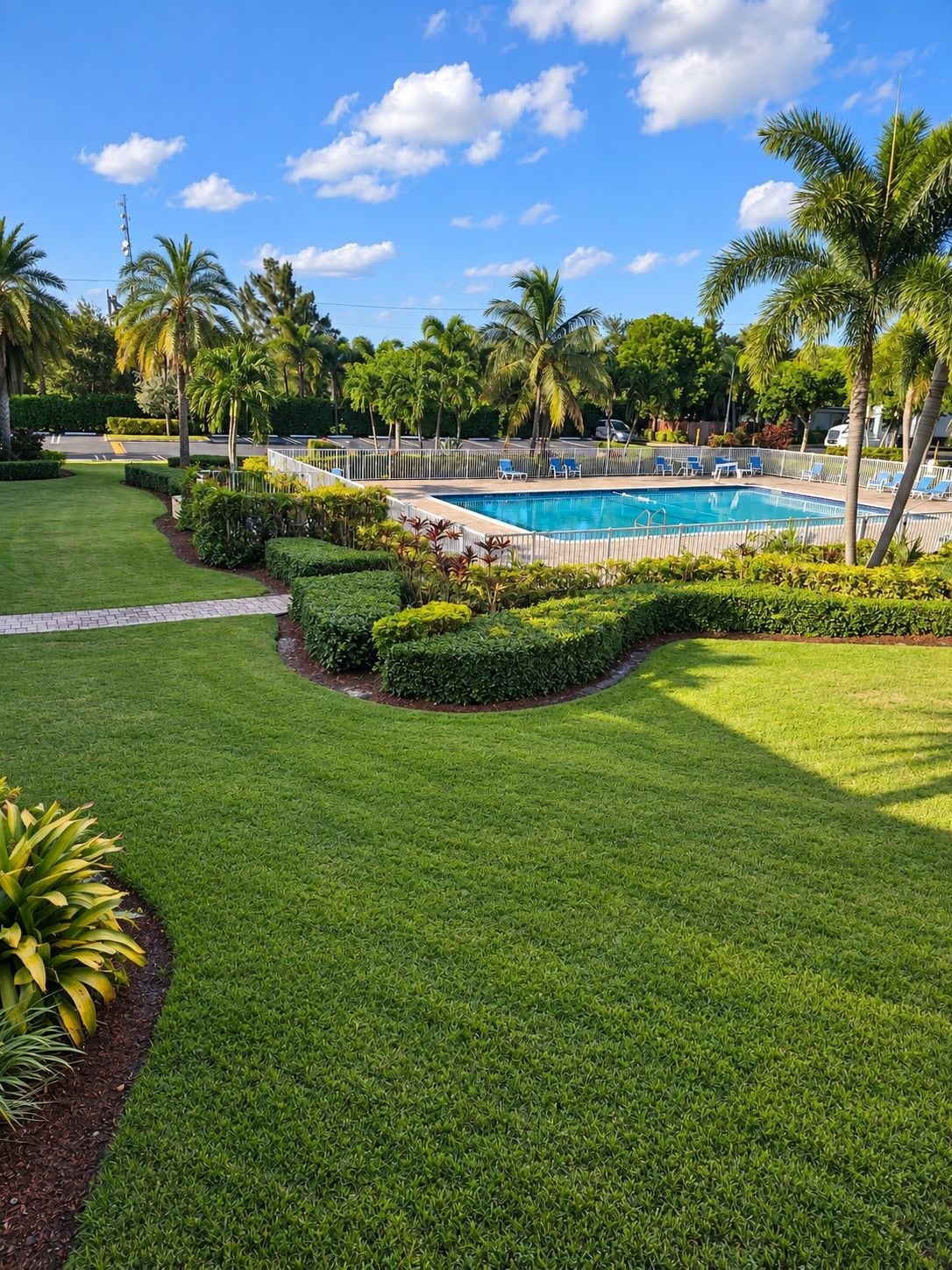 A well-maintained pool area with a clear blue sky, surrounded by lush greenery and palm trees.