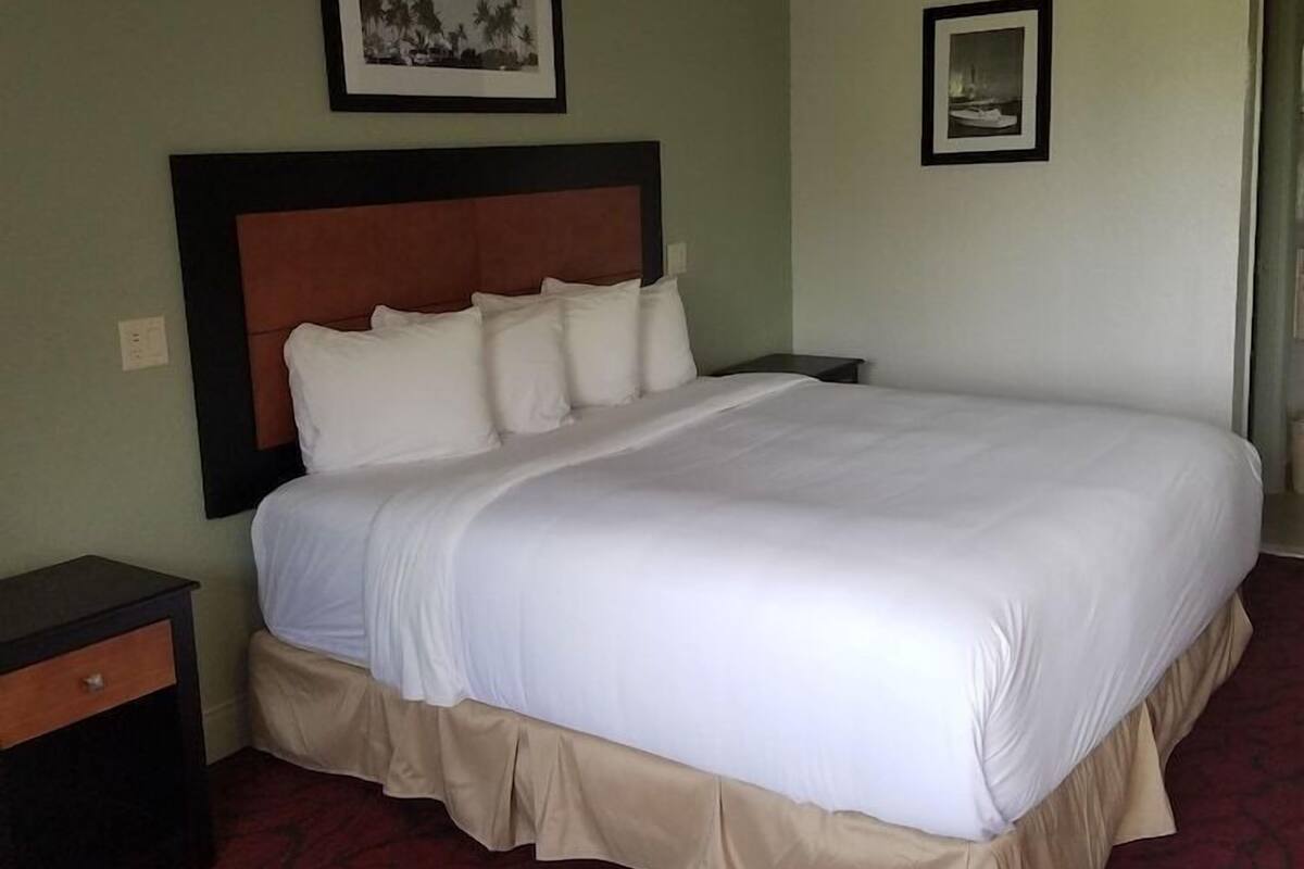 Ein Hotelzimmer mit einem großen Bett, einem Nachttisch, einem gerahmten Bild an der Wand und einem Teppichboden.