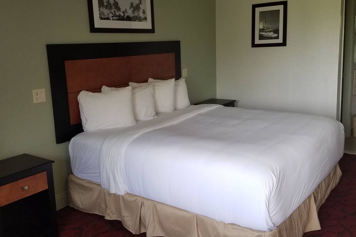Ein Hotelzimmer mit einem großen Bett, einem Nachttisch, einem gerahmten Bild an der Wand und einem roten Teppichboden.