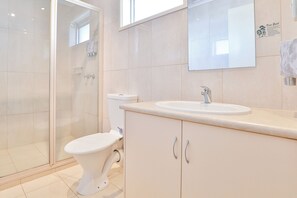 A modern bathroom with a glass shower enclosure, a toilet, and a sink with a mirror above it.