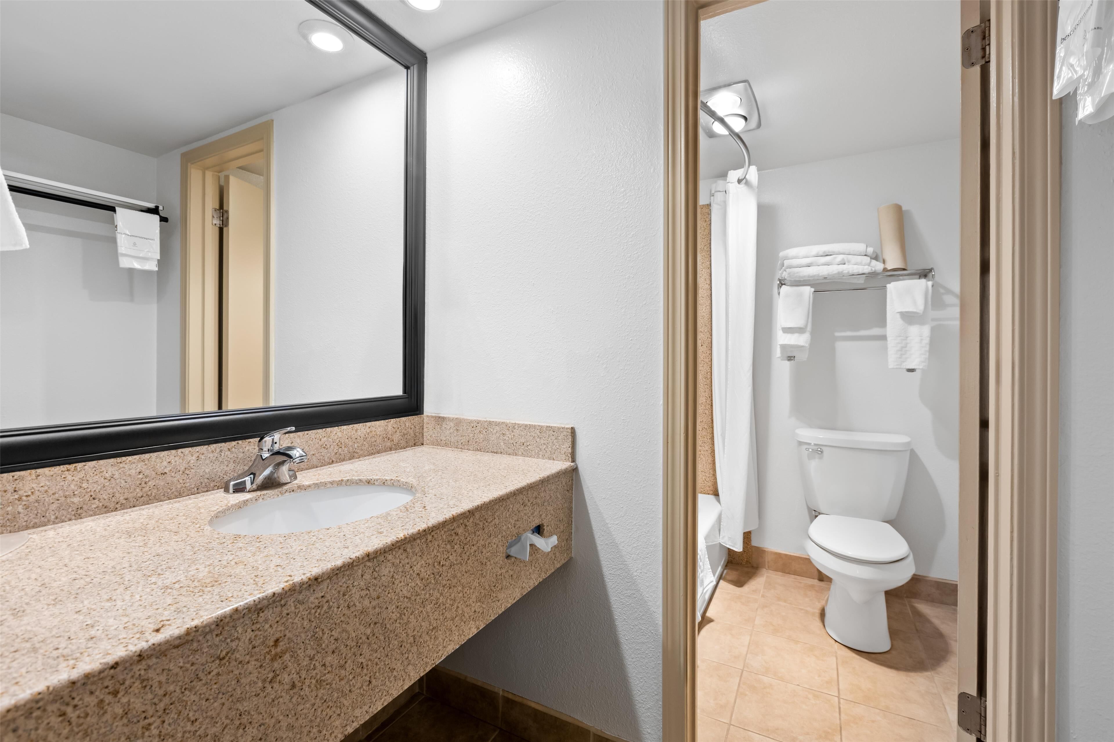 A bathroom with a granite sink, a mirror, a toilet, and a shower curtain.