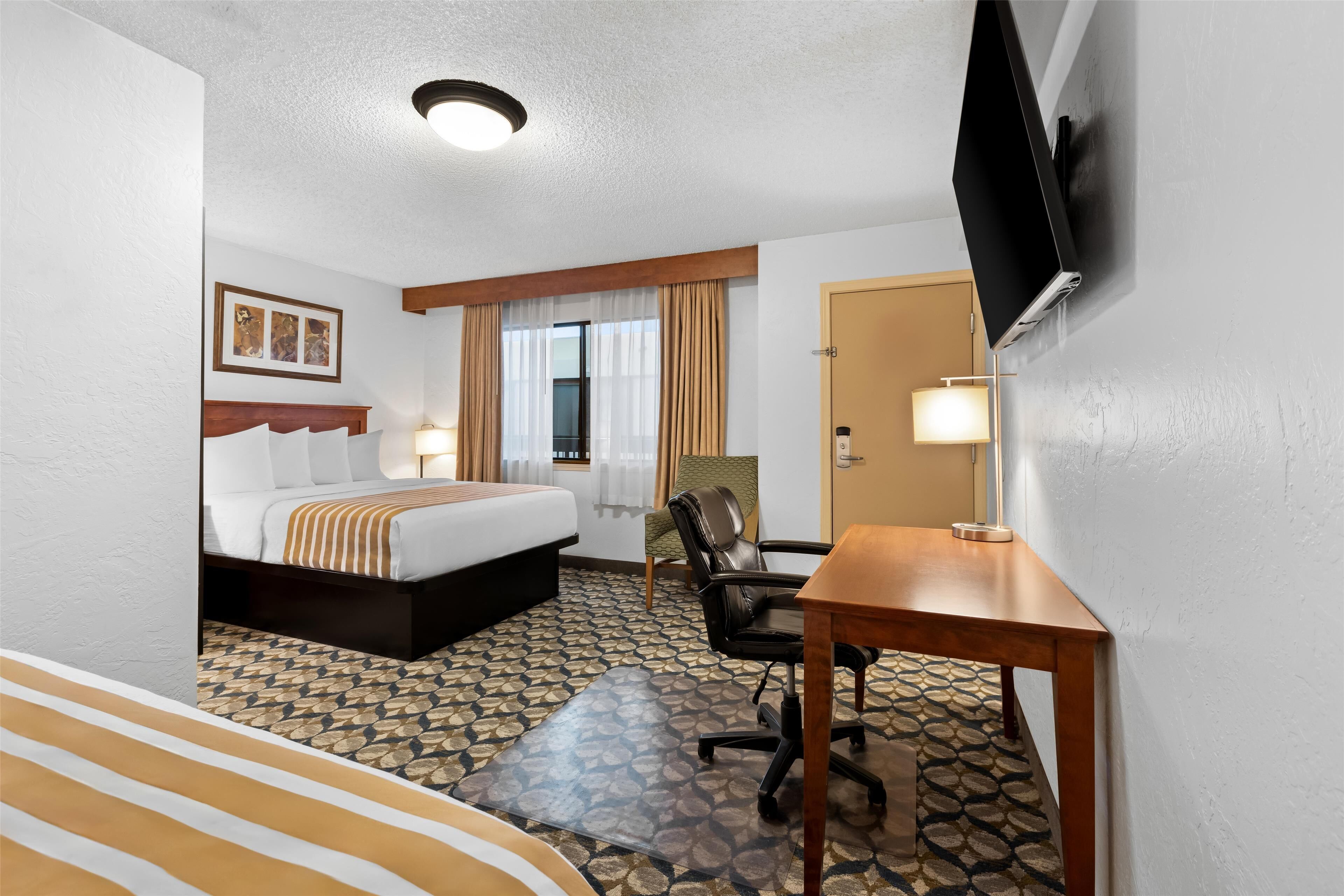A hotel room with a bed, a desk, a chair, a television, and a patterned floor.
