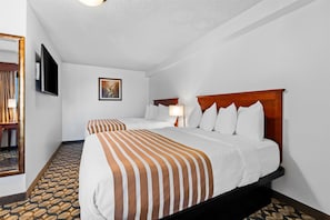 Habitación de hotel con dos camas, un televisor de pantalla plana, un cuadro en la pared y un piso estampado.