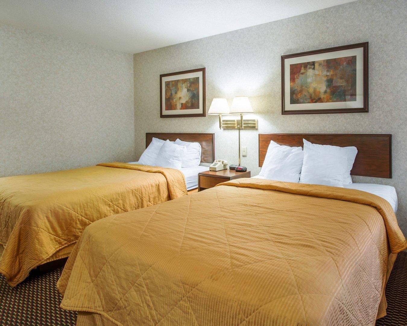 A hotel room with two beds, a nightstand with a lamp, and two framed pictures on the wall.