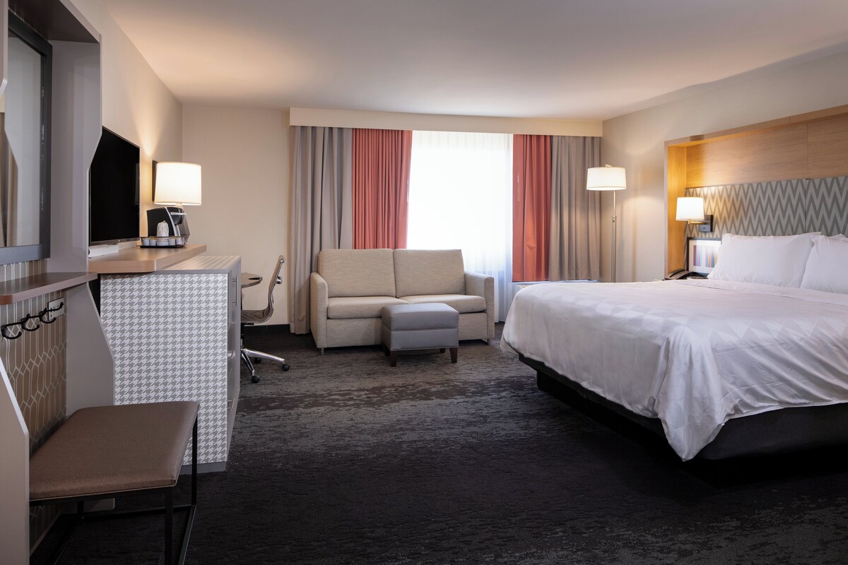 Una habitación de hotel con una cama, un escritorio con una silla, un sofá y un televisor.