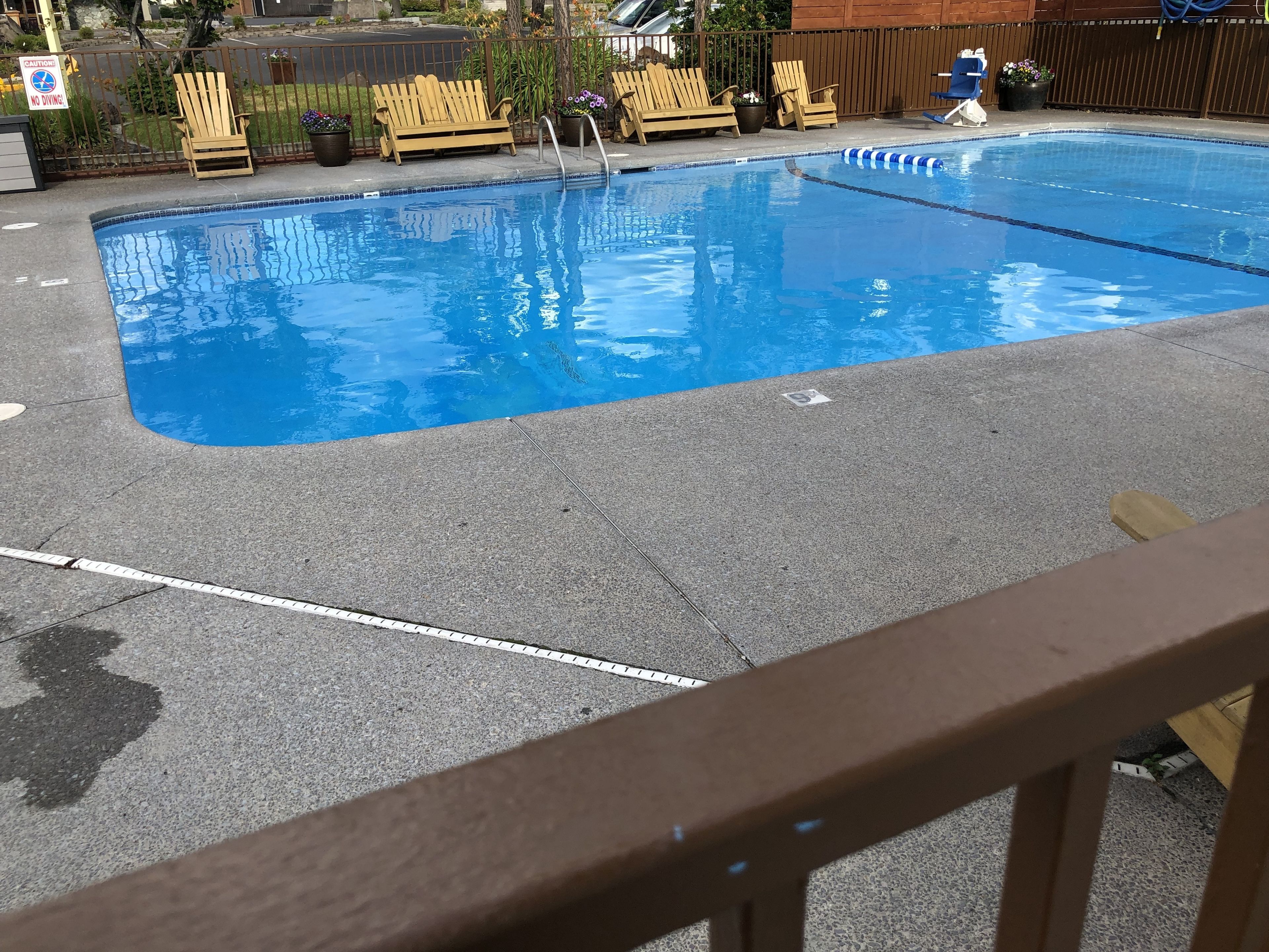 A swimming pool with a wooden deck, a wooden fence, and potted plants.