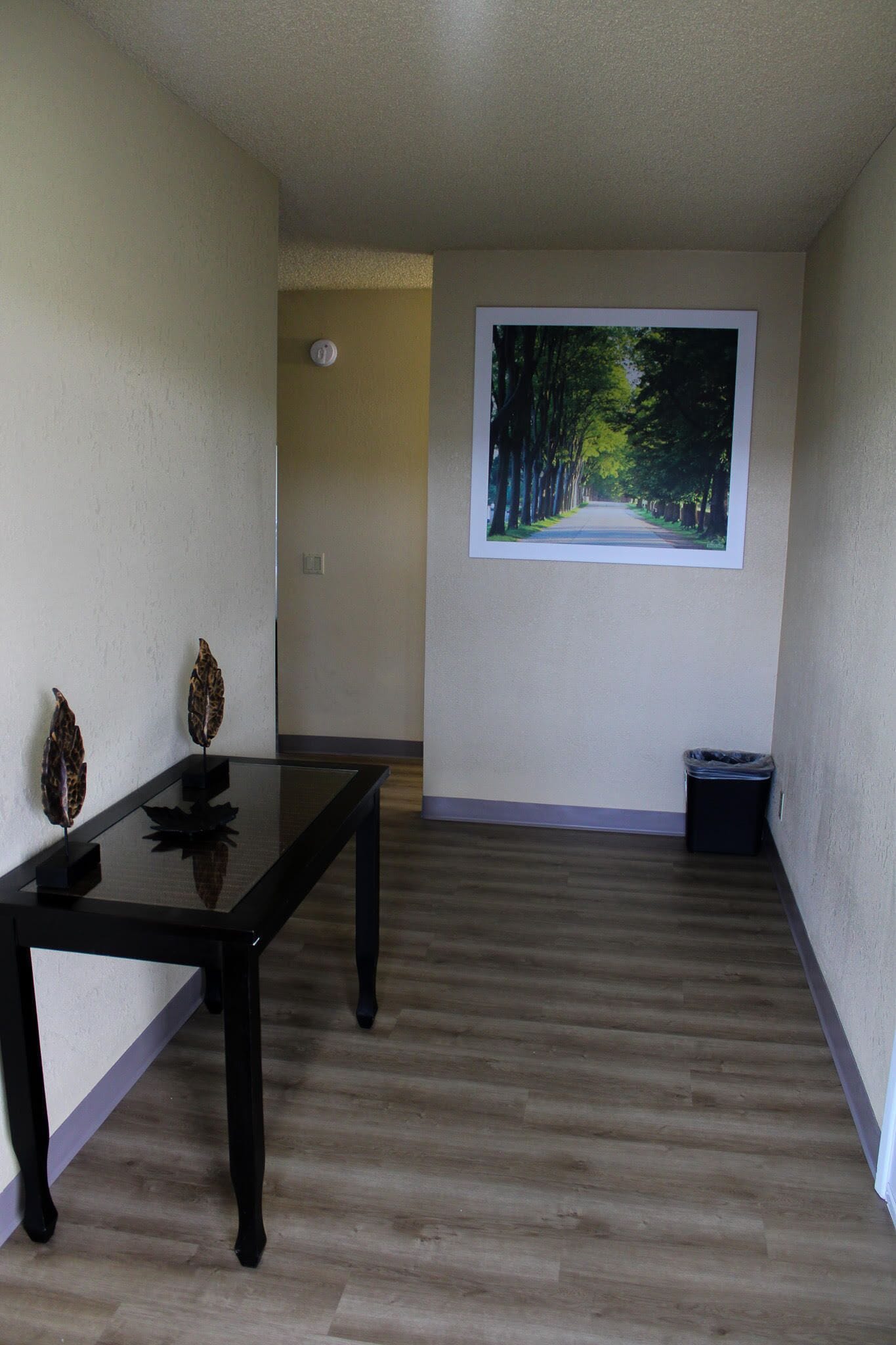 A hallway with a wooden floor, a black table with decorative items, a trash bin, and a large framed picture on the wall.