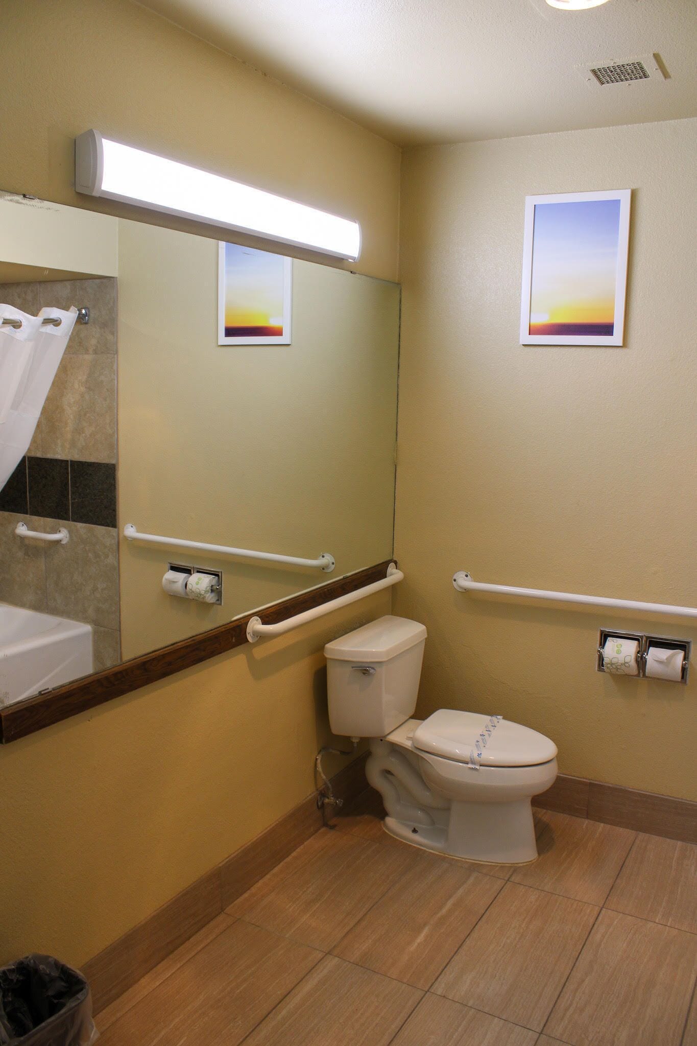 A bathroom with a toilet, handrails, a towel rack, and a mirror.
