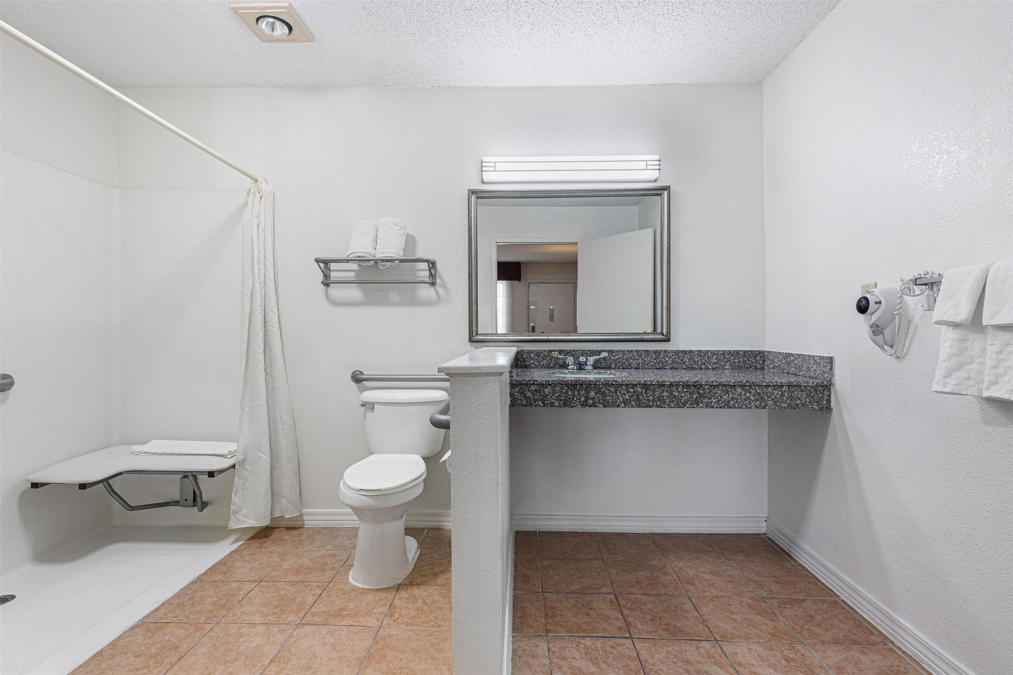 standard room, 1 queen bed, accessible, refrigerator & microwave (with single sofabed) | bathroom | rainfall showerhead, free toiletries, hair dryer, towels