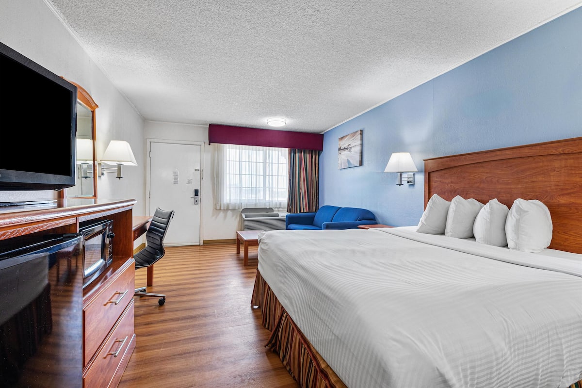 A hotel room with a large bed, a TV, a desk with drawers, a chair, a sofa, and a window with curtains.