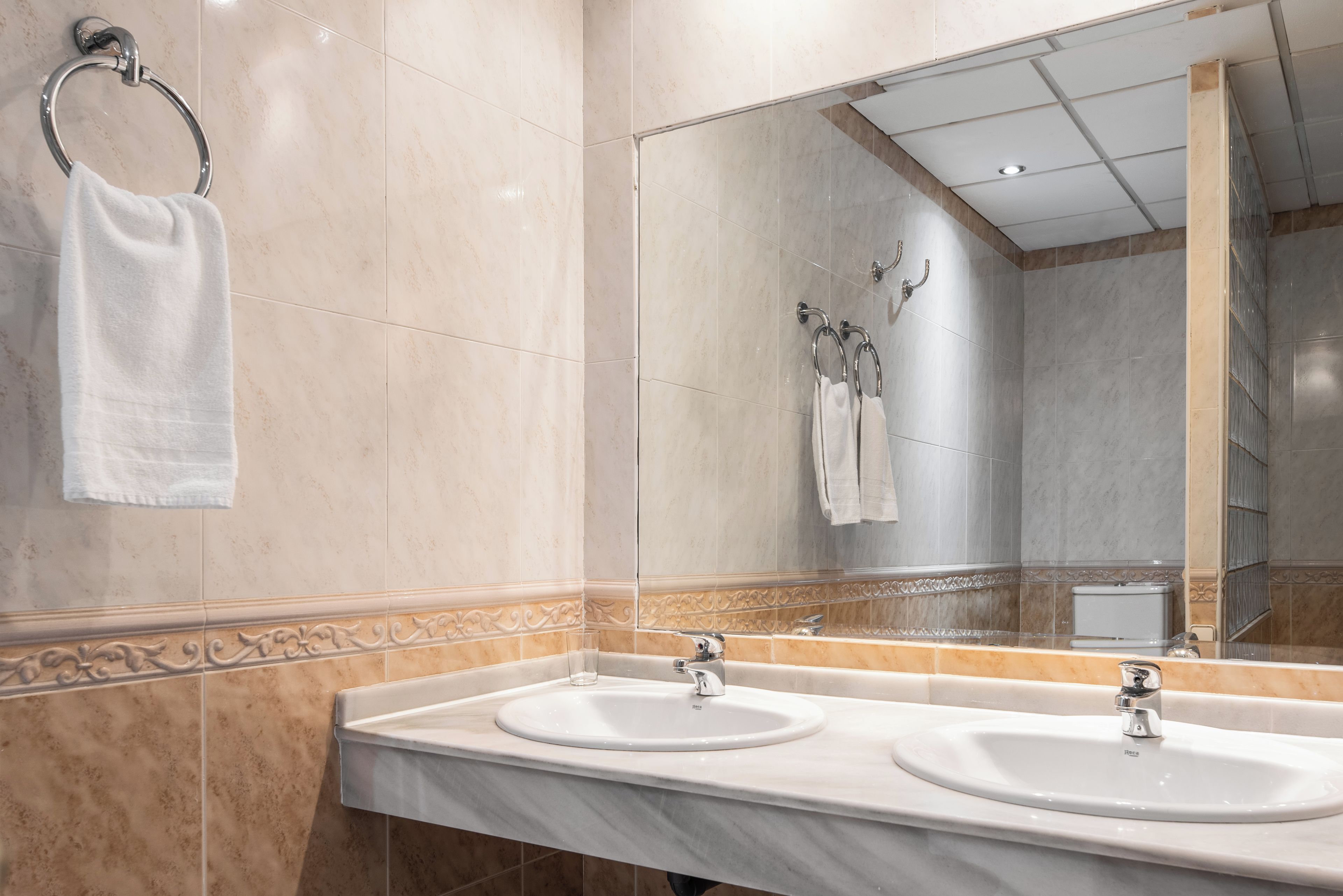 Un baño con dos lavamanos, un perchero para toallas y un espejo grande que refleja la zona de la ducha.