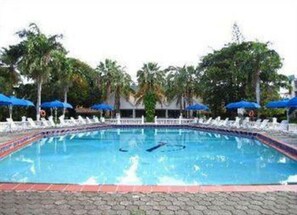 Outdoor pool, pool umbrellas, pool loungers