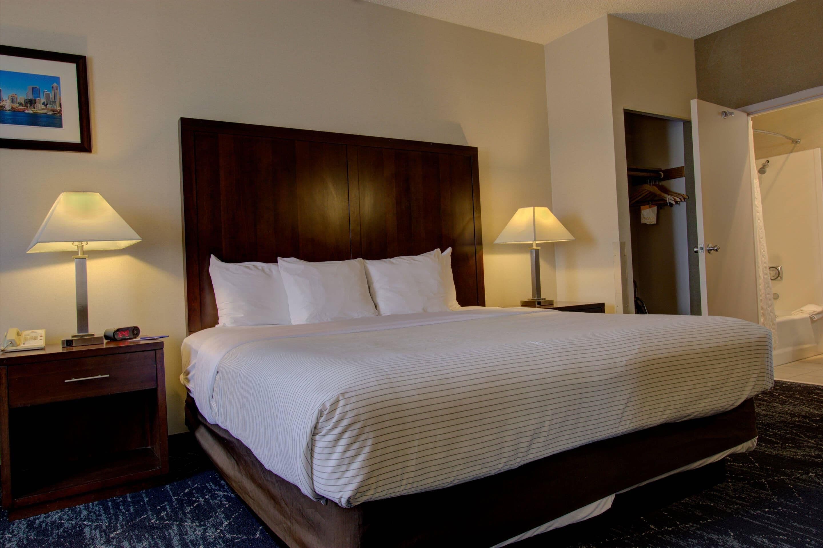 A hotel room with a large bed, two bedside tables with lamps, a closet, and a bathroom with a shower.