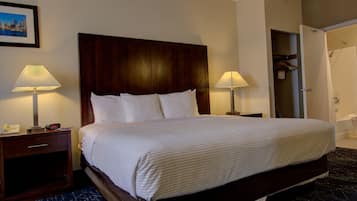 A hotel room with a large bed, two bedside tables with lamps, a closet, and a bathroom with a shower.