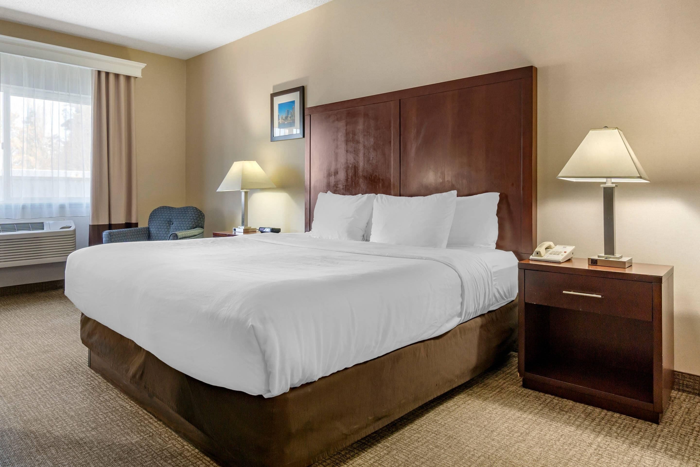 A hotel room with a large bed, a bedside table with a lamp, a chair, and a picture on the wall.