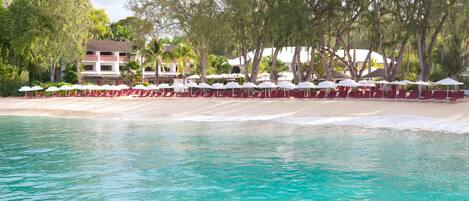 Di pantai, pasir putih, kursi berjemur, dan payung pantai