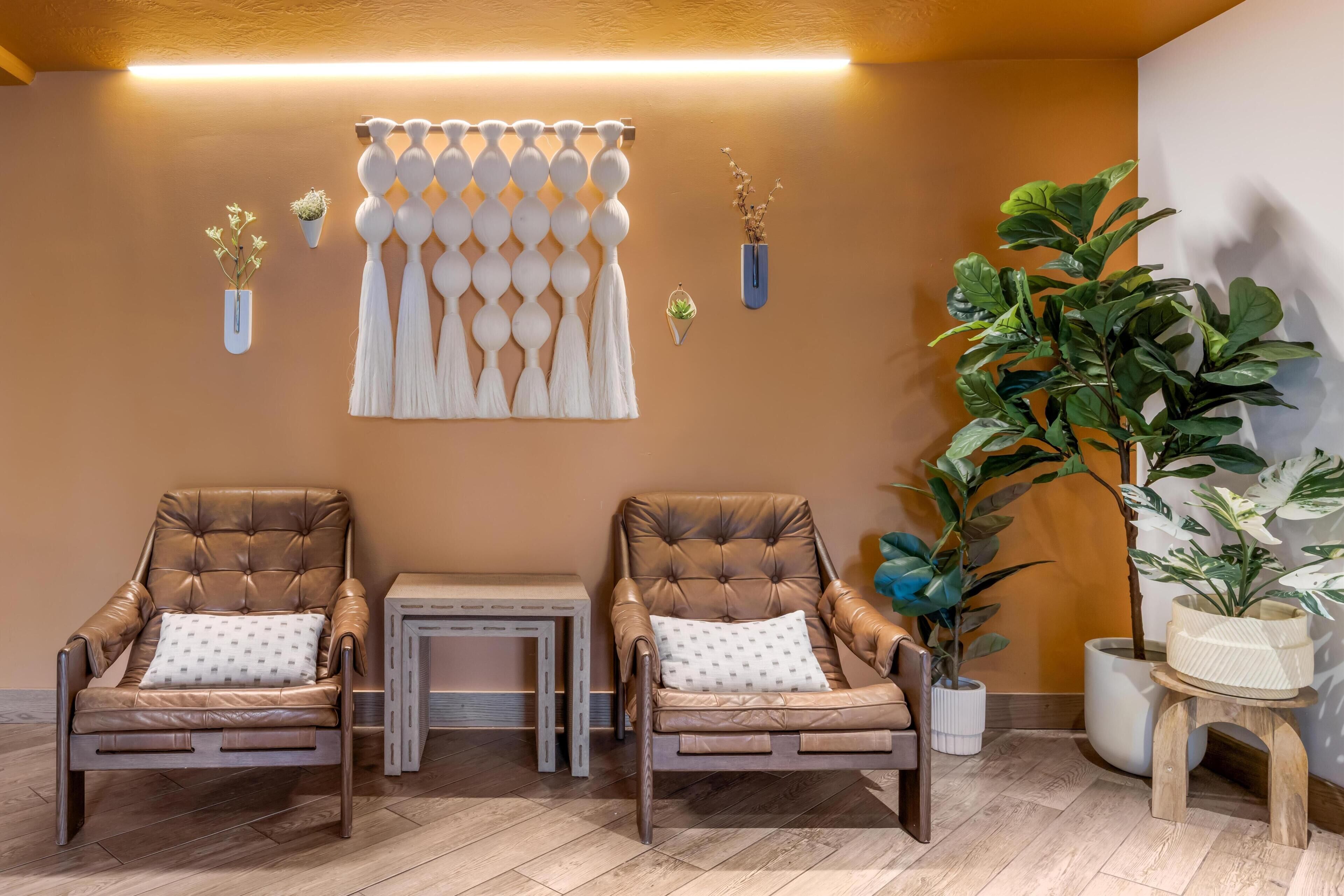 Two leather armchairs with white cushions, a small table, a wall-mounted macramé piece, and potted plants.