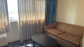 Desk, laptop workspace, blackout curtains, iron/ironing board