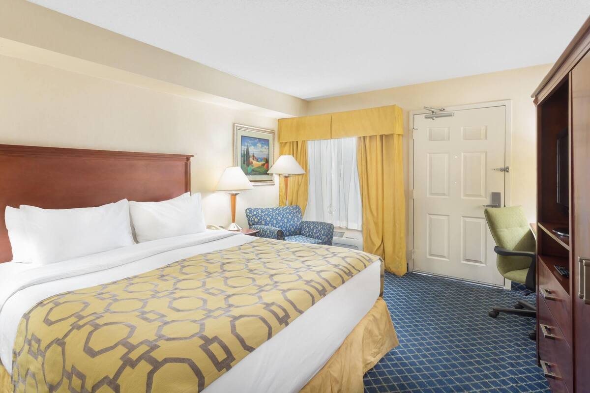 Une chambre d’hôtel avec un grand lit, un bureau avec une chaise, une armoire et une porte.