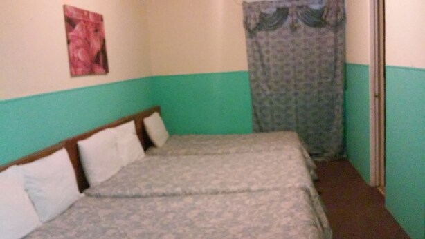 Une chambre avec deux lits, un mur vert, un rideau à motifs et une porte.