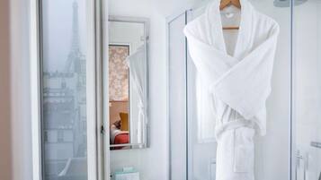 Hair dryer, towels, soap, shampoo