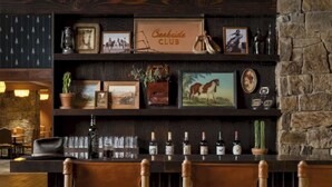 A bar area with wooden chairs, a stone wall, and a shelf with various items including bottles and framed pictures. - Wayfinder Bishop (Bishop)