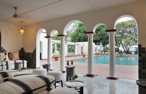 Outdoor pool, pool umbrellas