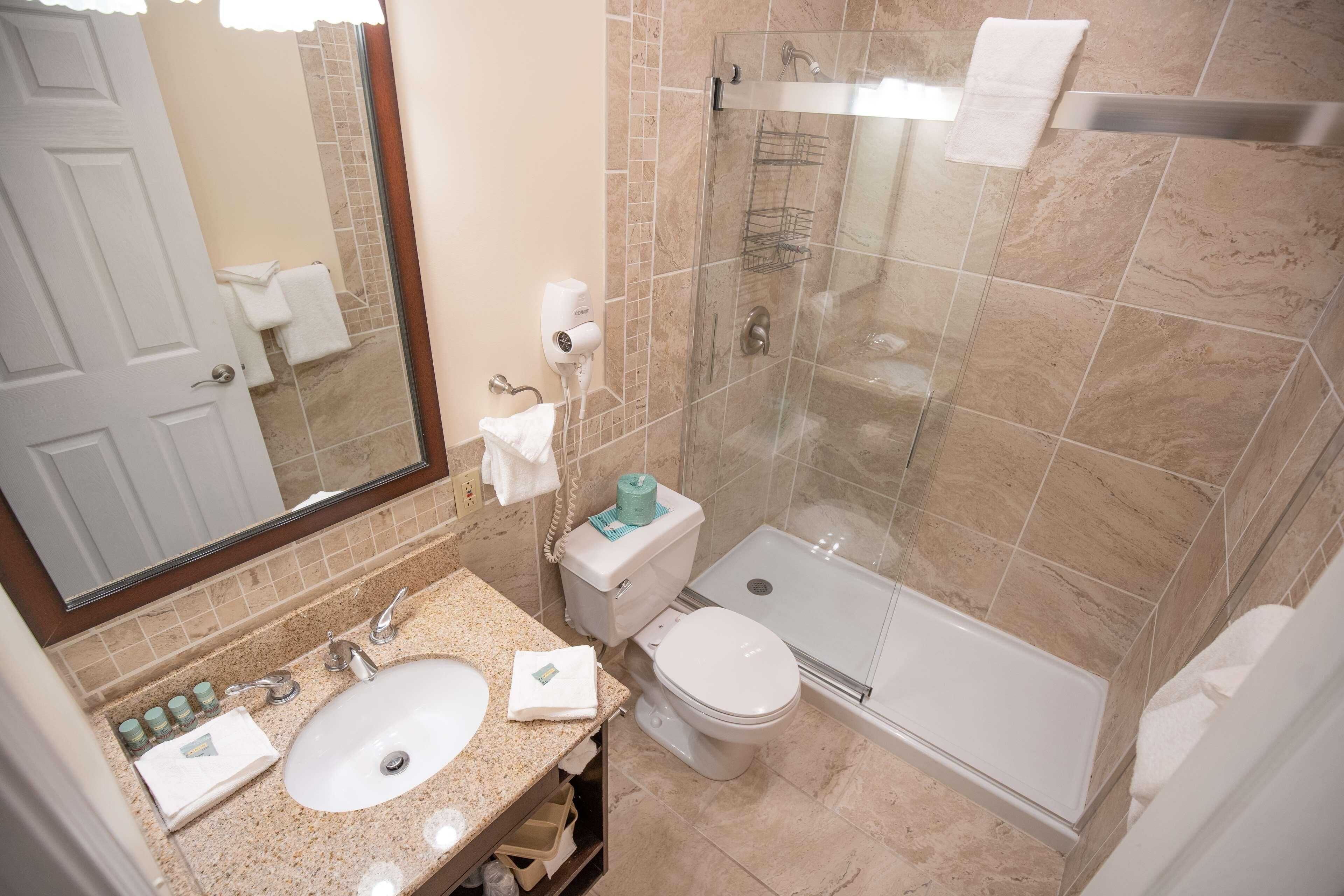 A bathroom with a sink, toilet, and shower.