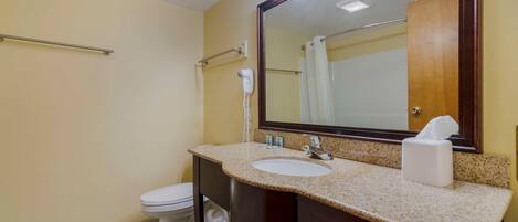Une salle de bain équipée de toilettes, d’un lavabo, d’un miroir, d’un porte-serviettes et d’un sèche-cheveux.