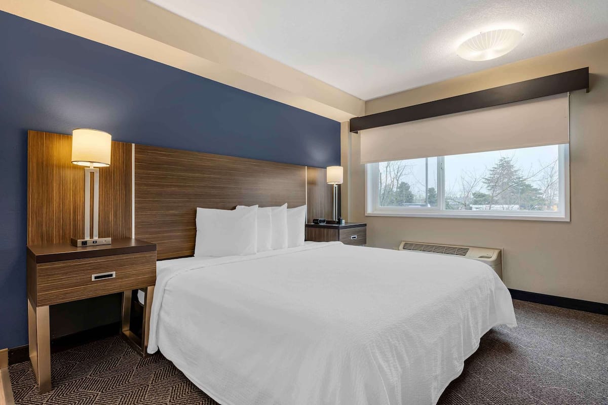 Une chambre d’hôtel avec un grand lit, une tête de lit en bois, une table de chevet avec une lampe, une fenêtre donnant sur un beau paysage et un thermostat.