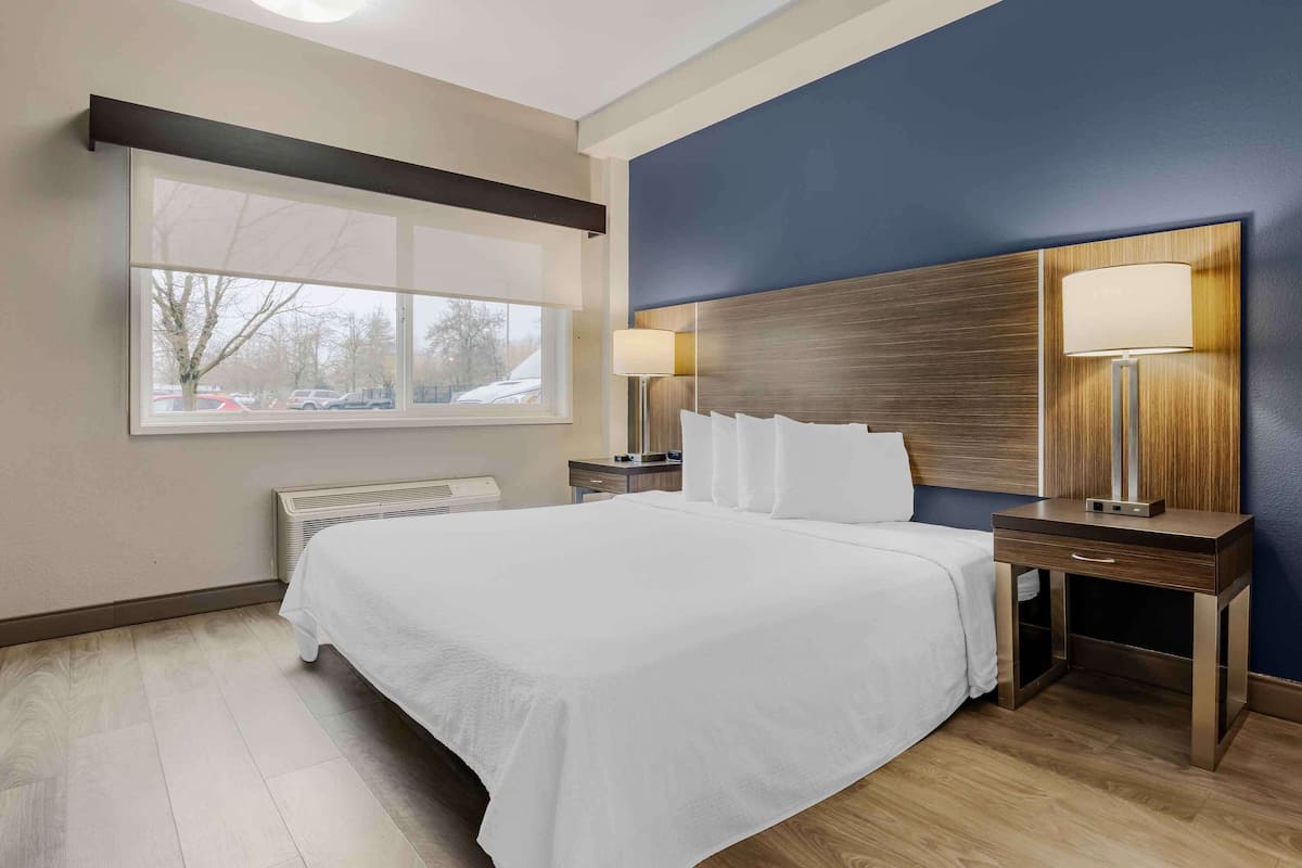 Une chambre d’hôtel avec un grand lit, deux tables de chevet avec des lampes, une fenêtre donnant sur des voitures garées et un radiateur situé sous le lit.
