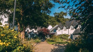 A residential street with houses, a paved path, and greenery.