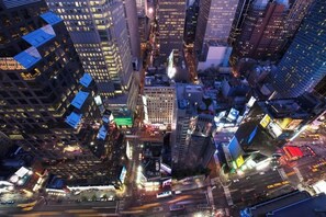 Experience the vibrant city skyline from a unique perspective.