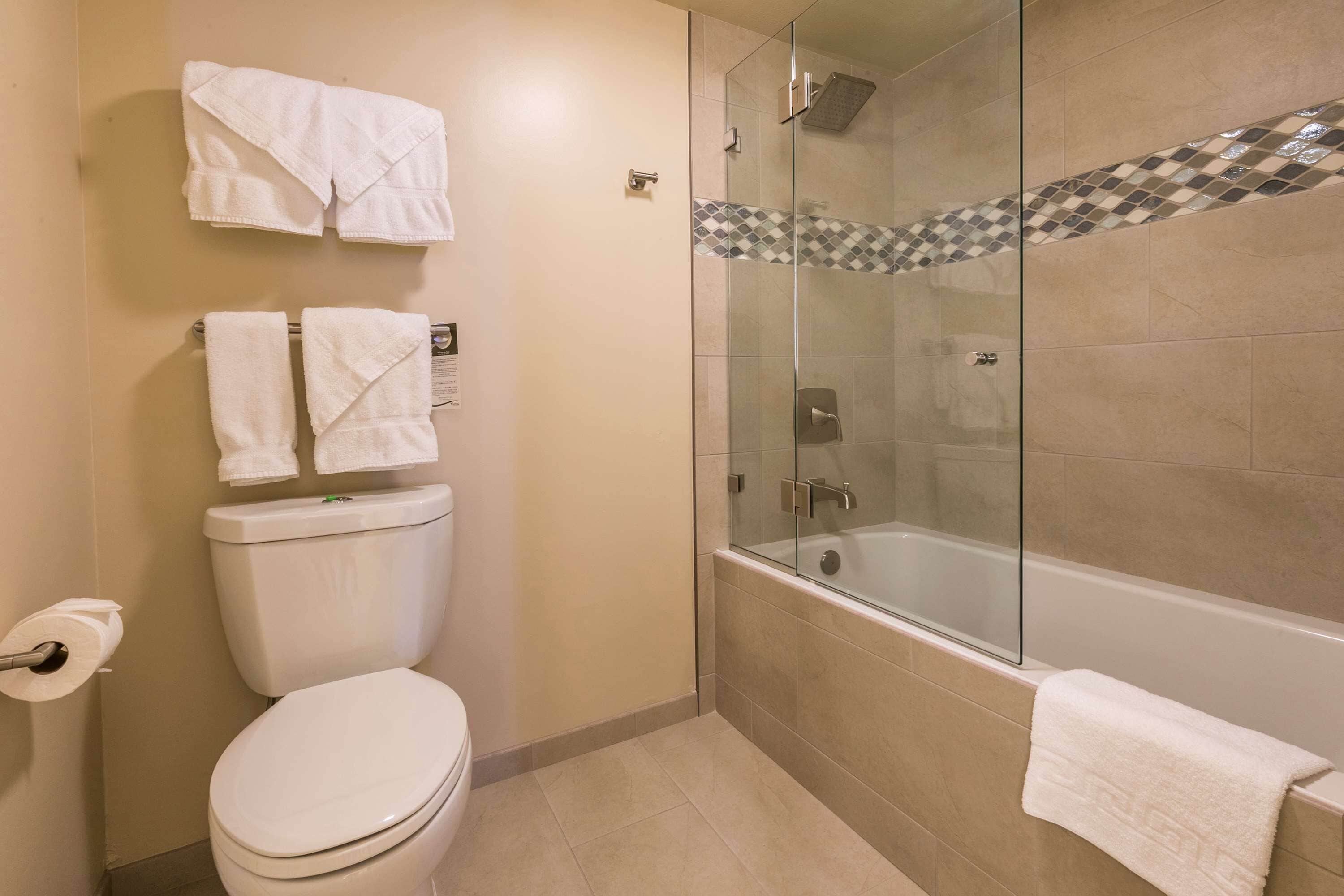 A bathroom with a toilet, a glass-enclosed shower, and two towels hanging on the wall.