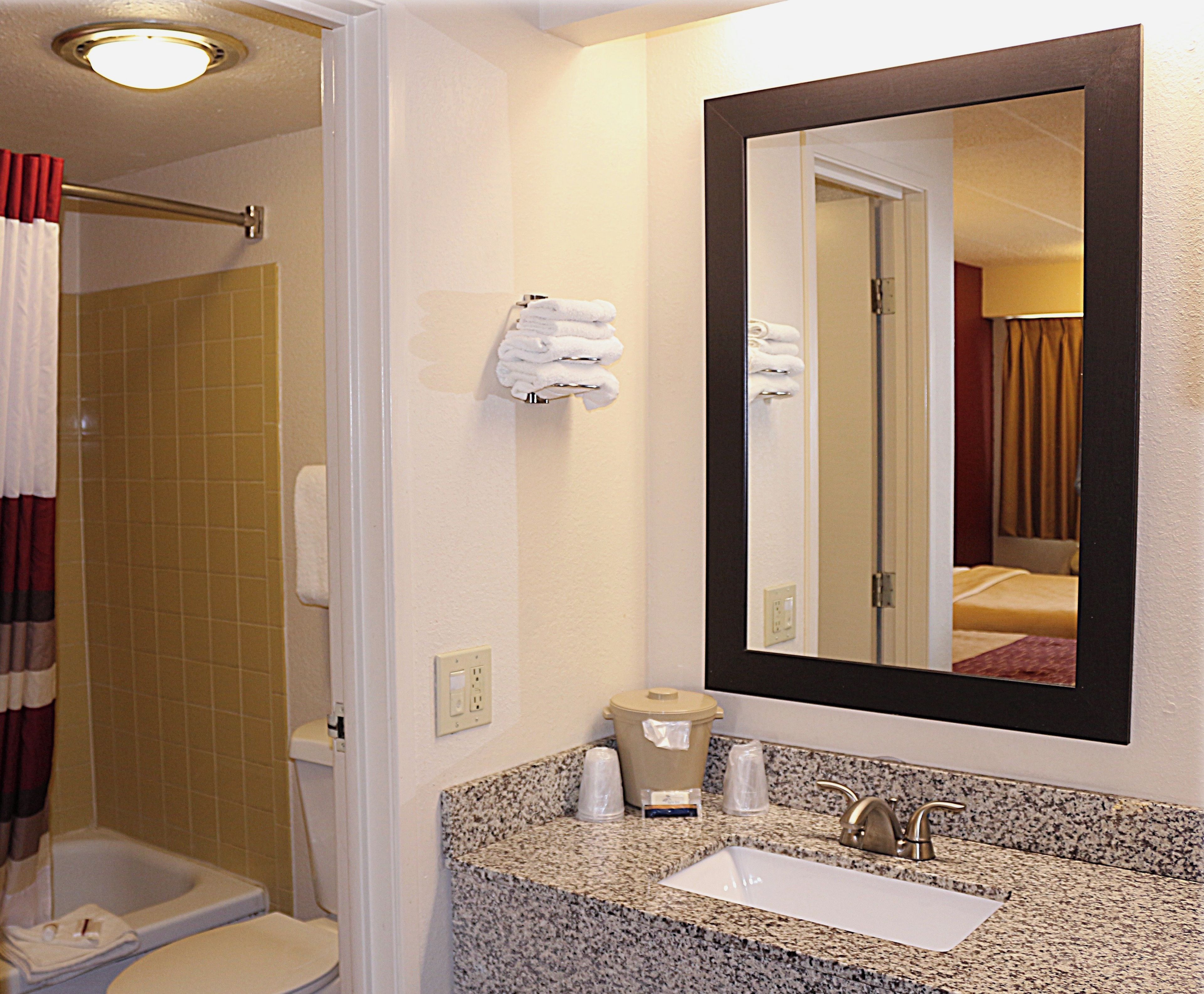 Une salle de bain avec un lavabo, un miroir et une douche.