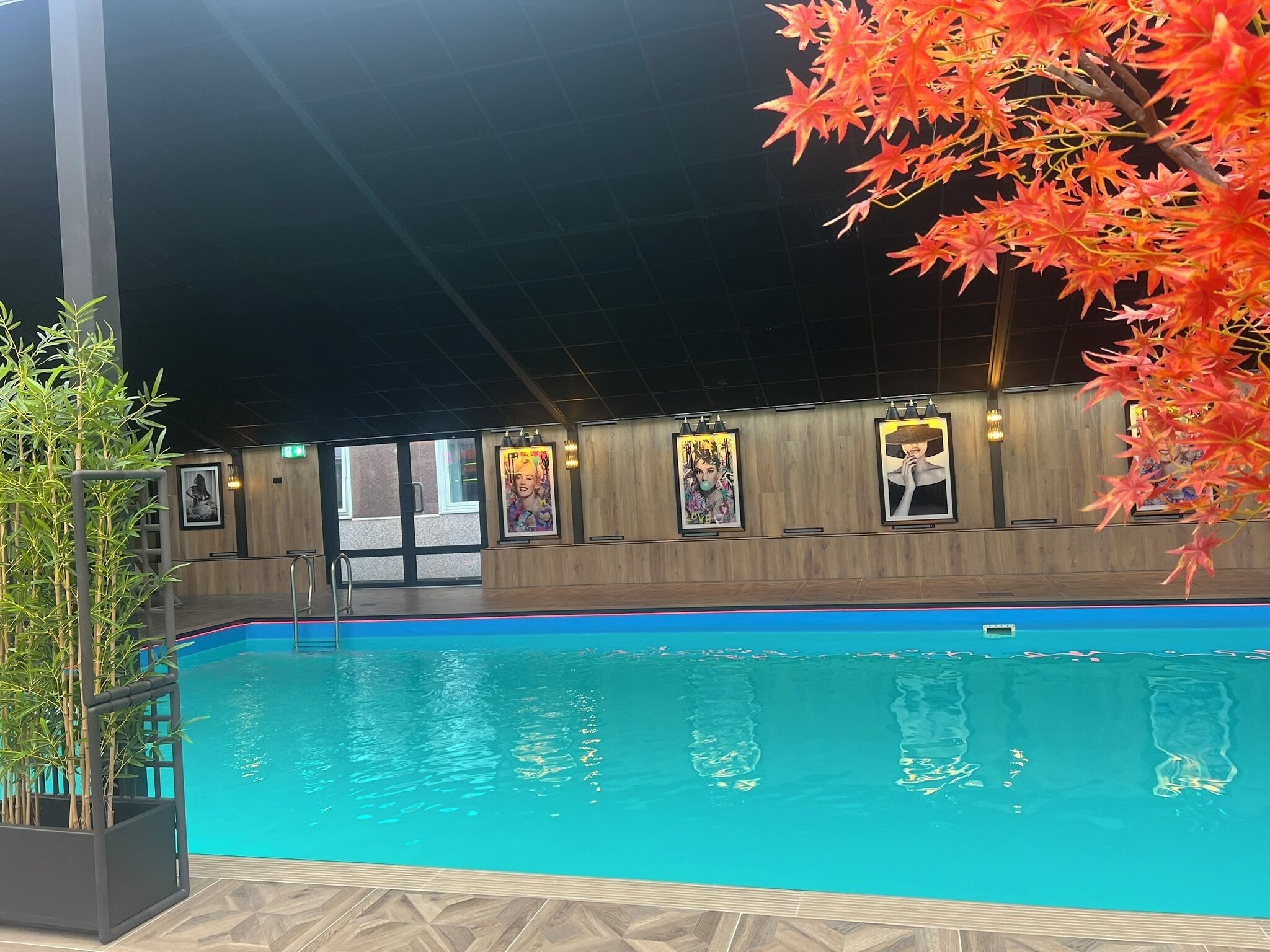 An indoor swimming pool with a wooden deck, framed artwork on the wall, and bamboo plants.